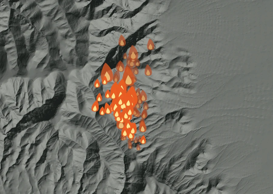 Map for Wed 26 Aug: flames mark every place that gave off heat that day.