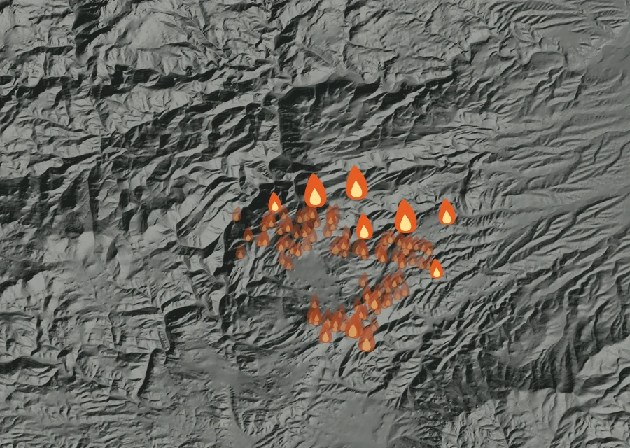 Map for Wed 9 Sep: flames mark every place that gave off heat that day.