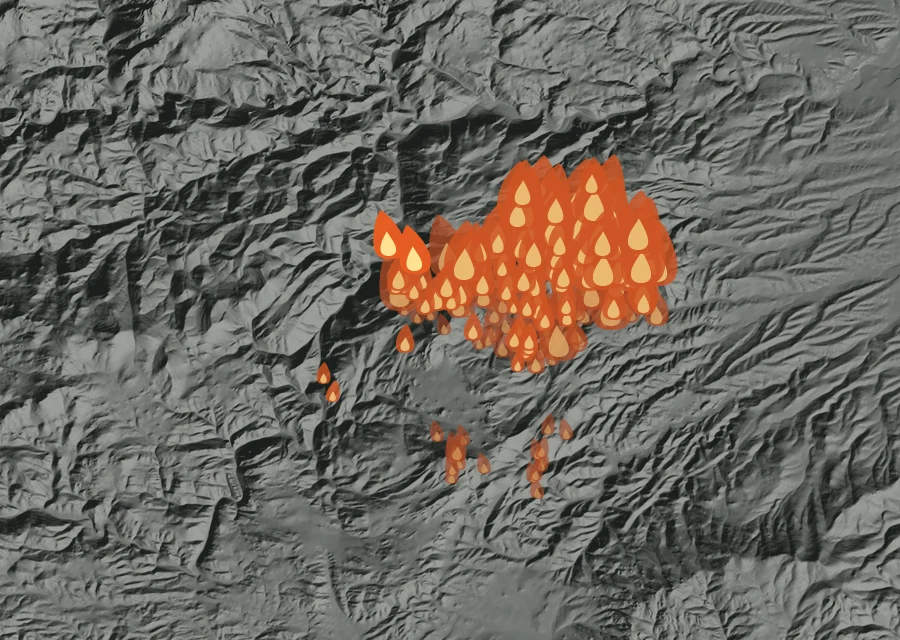 Map for Thu 10 Sep: flames mark every place that gave off heat that day.