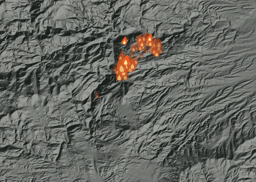 Map for Sat 12 Sep: flames mark every place that gave off heat that day.