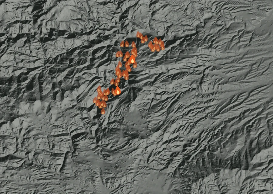 Map for Sun 13 Sep: flames mark every place that gave off heat that day.