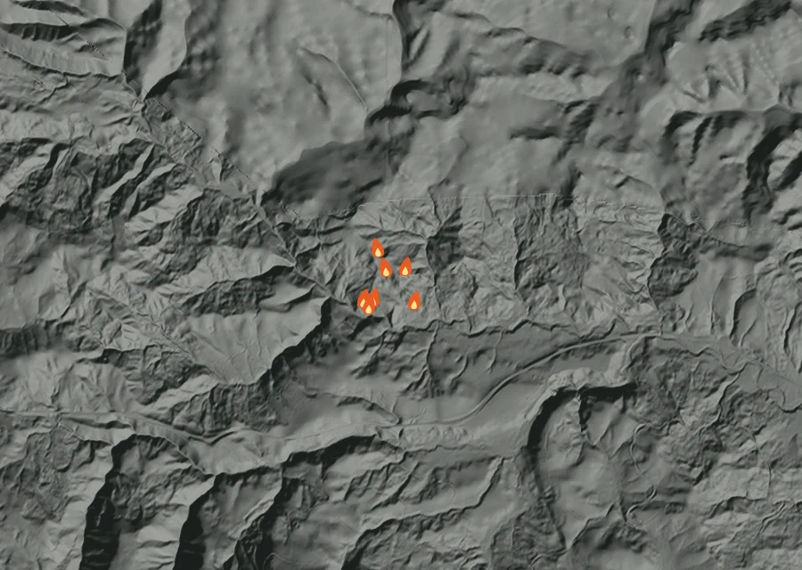 Map for Thu 27 Aug: flames mark every place that gave off heat that day.