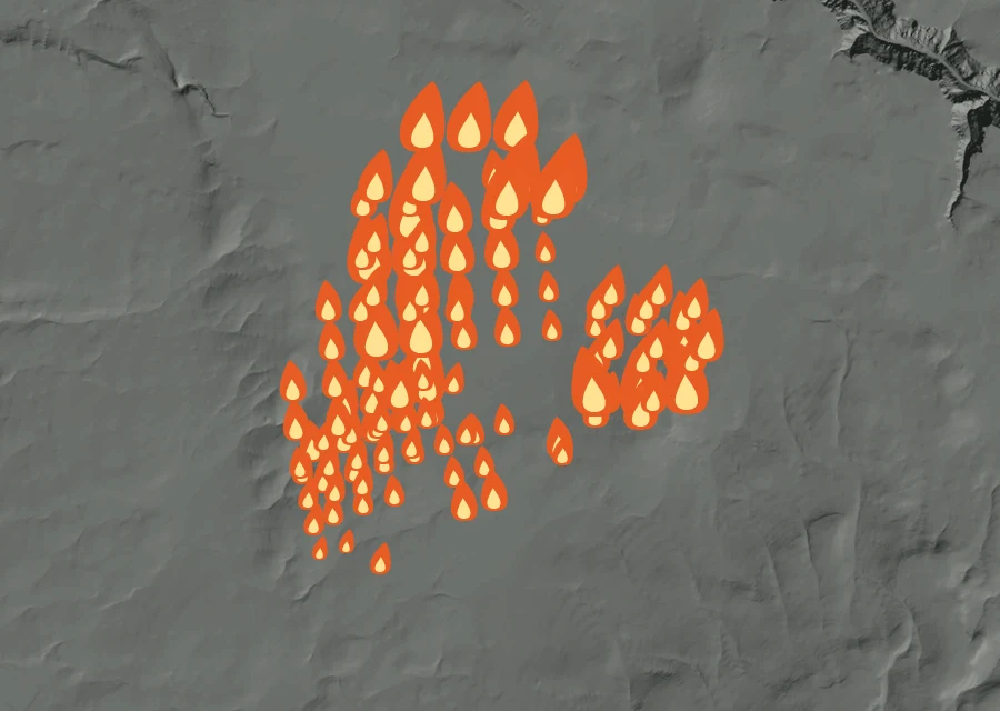 Animated map of the Mustang Fire across the whole record, with a time bar along the bottom showing energy released and the local date.