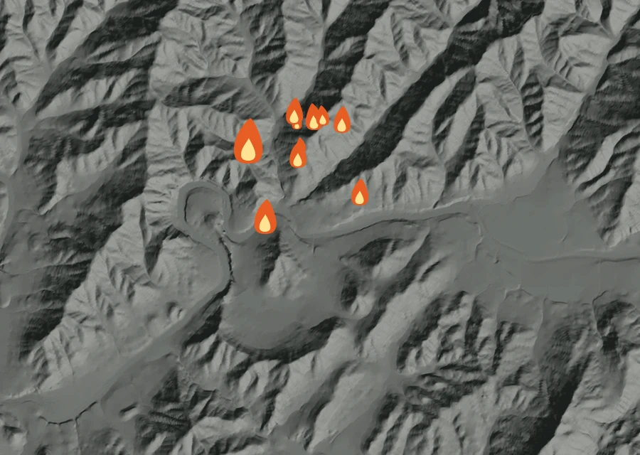 Animated map of the N Umpqua Hwy 14000 Fire across the whole record, with a time bar along the bottom showing energy released and the local date.