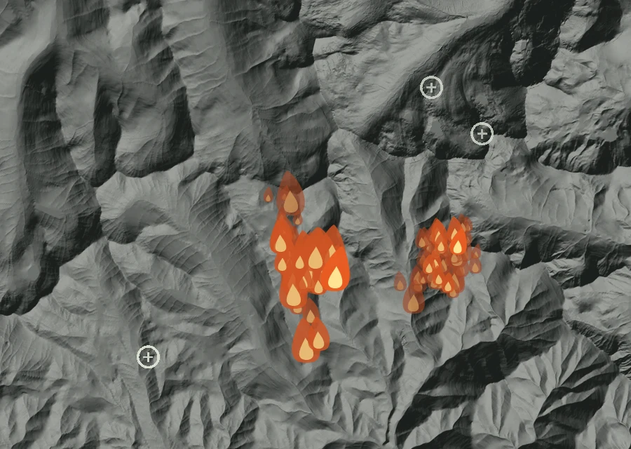 Map for Sun 23 Aug: flames mark every place that gave off heat that day.
