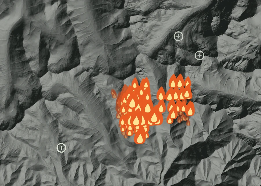 Map for Mon 24 Aug: flames mark every place that gave off heat that day.
