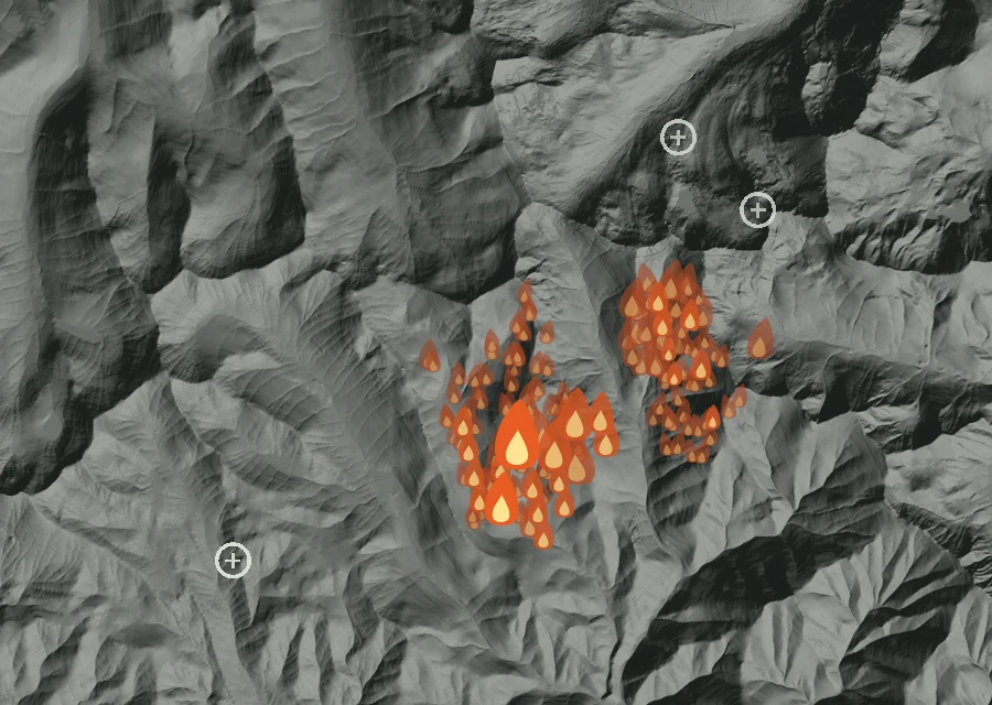 Map for Tue 25 Aug: flames mark every place that gave off heat that day.