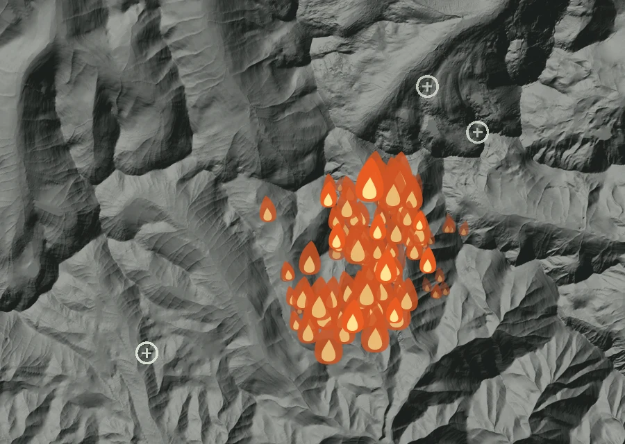 Map for Wed 26 Aug: flames mark every place that gave off heat that day.