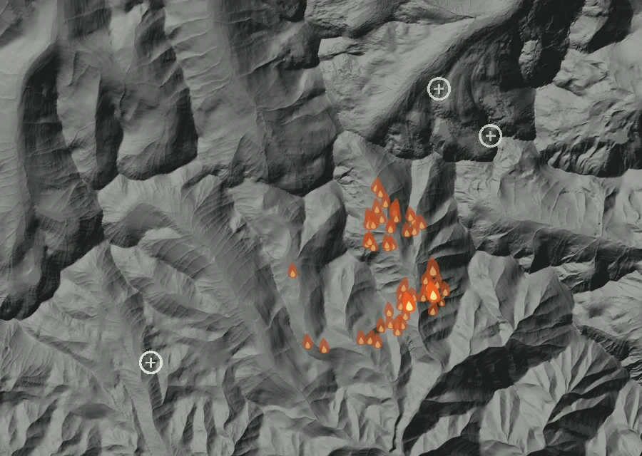 Map for Fri 28 Aug: flames mark every place that gave off heat that day.
