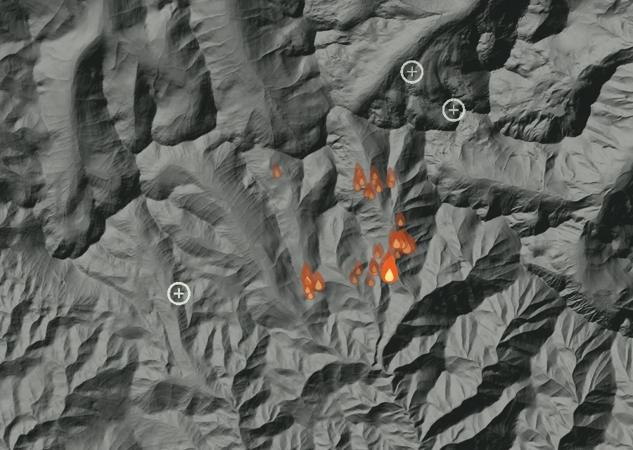 Map for Sat 29 Aug: flames mark every place that gave off heat that day.