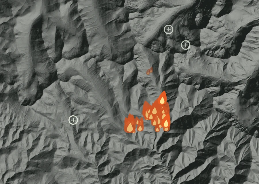 Map for Sun 30 Aug: flames mark every place that gave off heat that day.