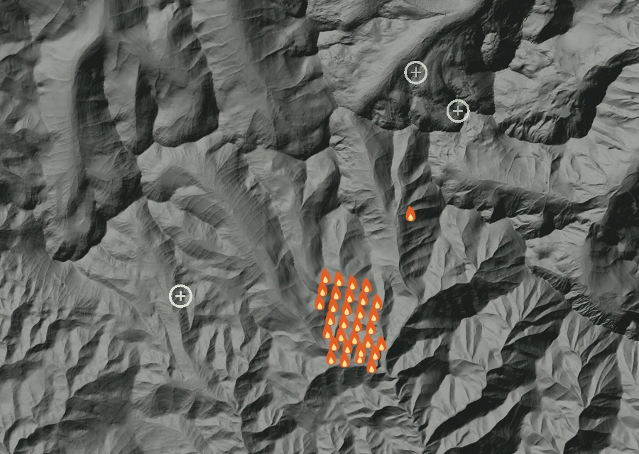 Map for Tue 1 Sep: flames mark every place that gave off heat that day.