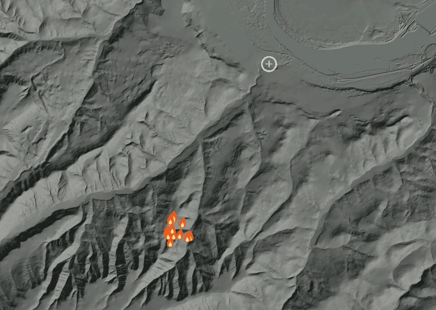 Map for Mon 28 Sep: flames mark every place that gave off heat that day.