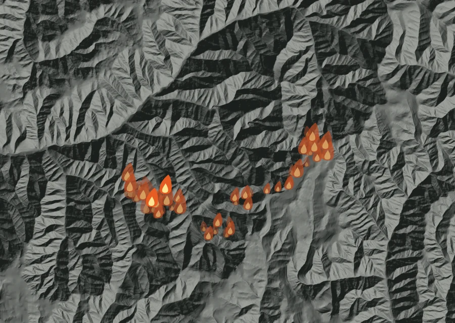 Animated map of the Paradise Fire across the whole record, with a time bar along the bottom showing energy released and the local date.