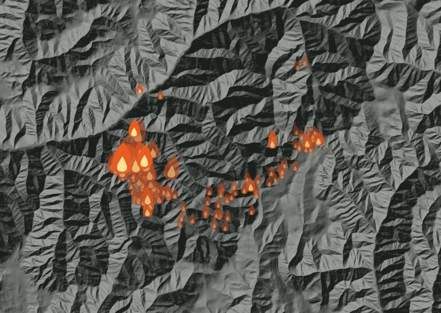 Map for Sun 23 Aug: flames mark every place that gave off heat that day.