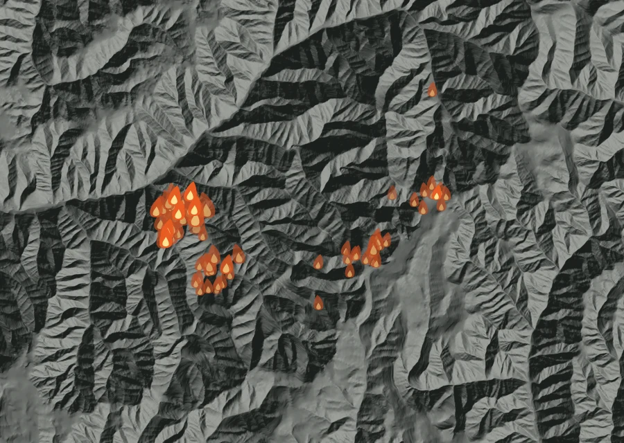 Map for Mon 24 Aug: flames mark every place that gave off heat that day.