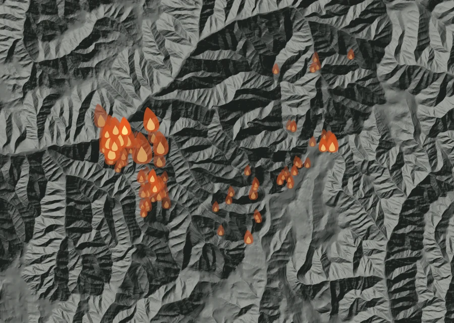 Map for Tue 25 Aug: flames mark every place that gave off heat that day.