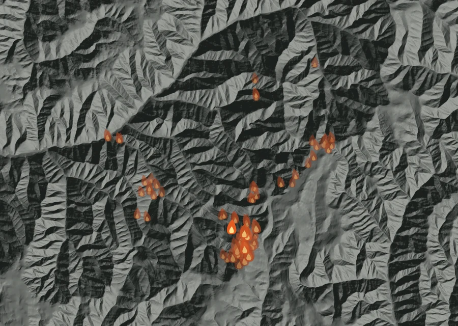 Map for Wed 26 Aug: flames mark every place that gave off heat that day.