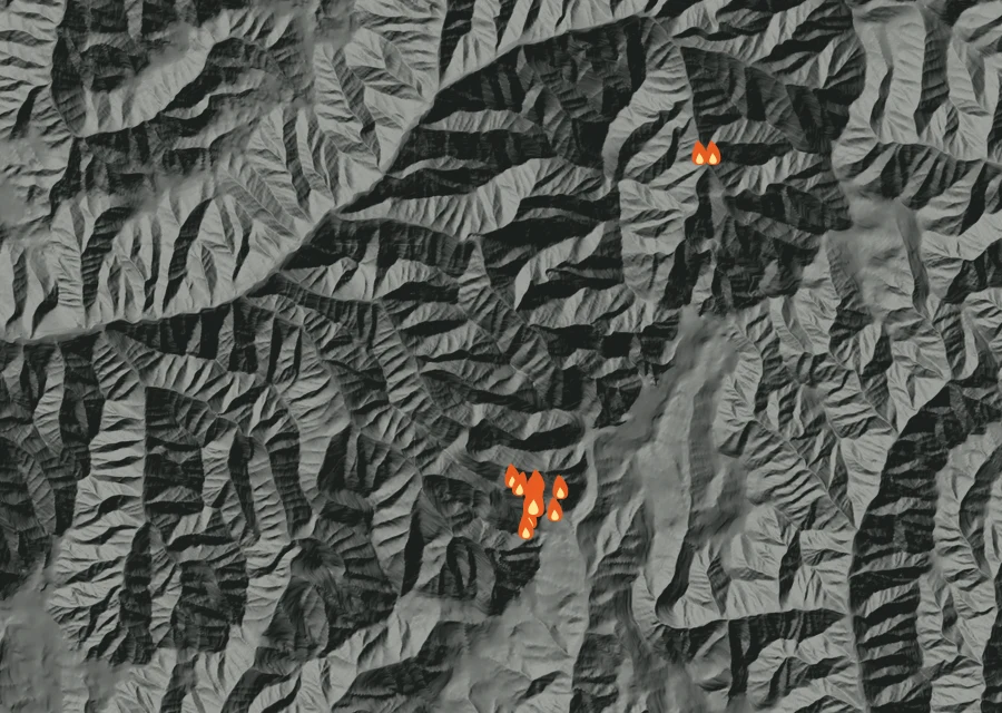 Map for Fri 28 Aug: flames mark every place that gave off heat that day.