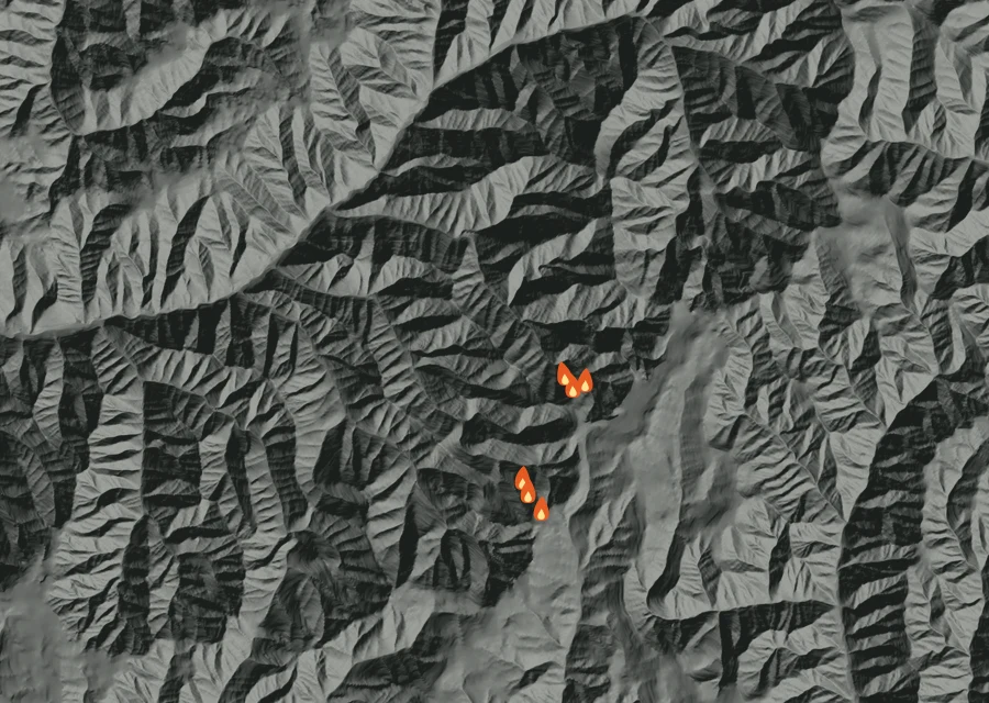 Map for Sun 30 Aug: flames mark every place that gave off heat that day.