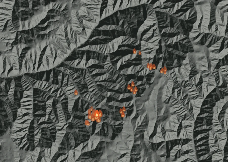 Map for Tue 1 Sep: flames mark every place that gave off heat that day.