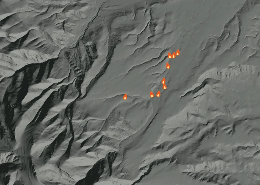 Map for Sat 10 Oct: flames mark every place that gave off heat that day.