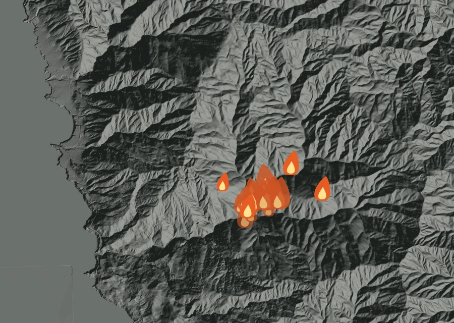 Animated map of the Plaskett Fire across the whole record, with a time bar along the bottom showing energy released and the local date.