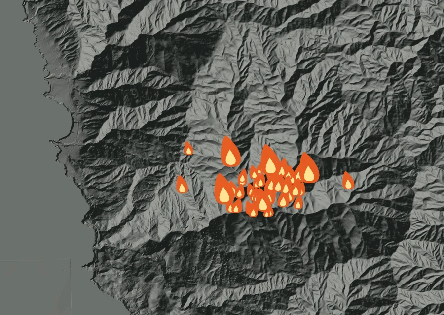 Map for Thu 27 Aug: flames mark every place that gave off heat that day.