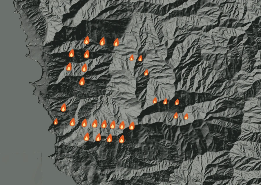 Map for Fri 28 Aug: flames mark every place that gave off heat that day.