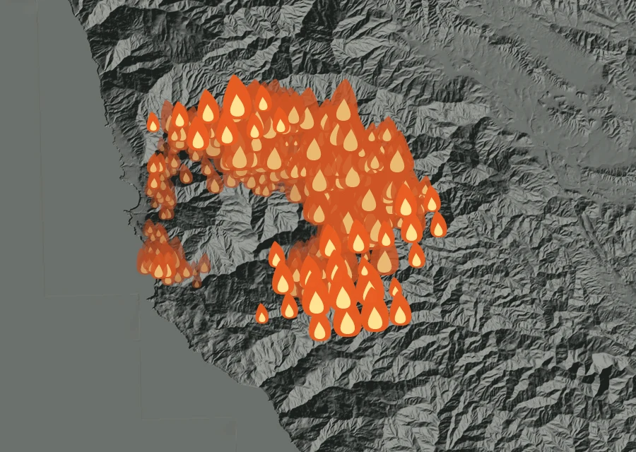 Map for Sat 29 Aug: flames mark every place that gave off heat that day.
