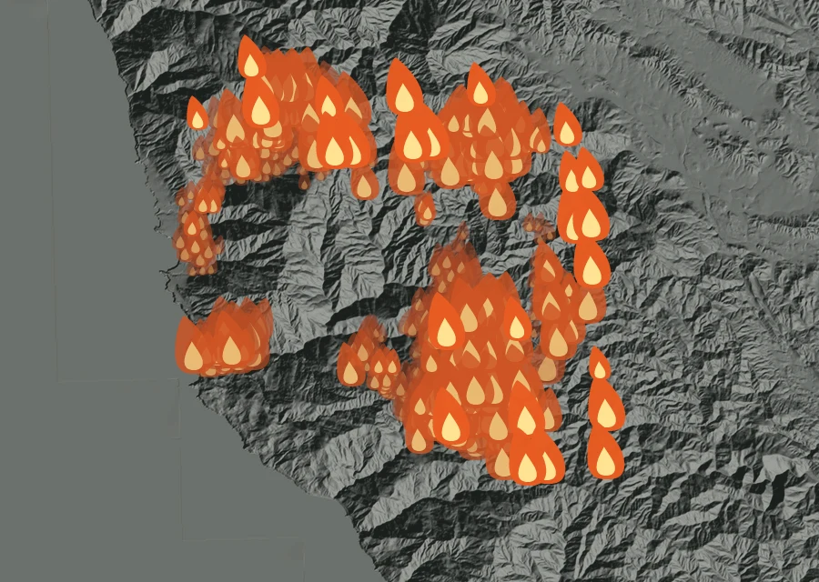 Map for Sun 30 Aug: flames mark every place that gave off heat that day.