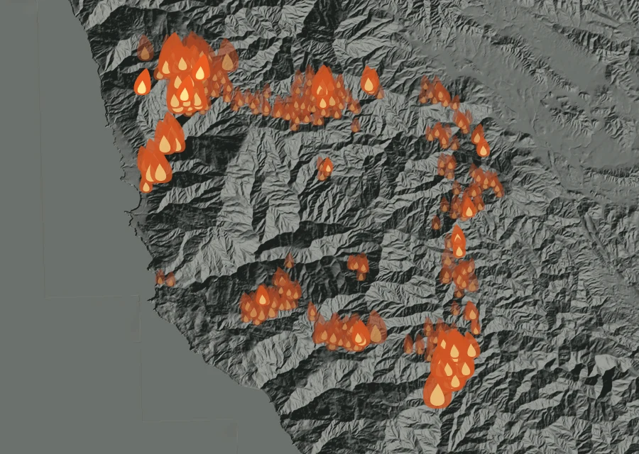 Map for Mon 31 Aug: flames mark every place that gave off heat that day.