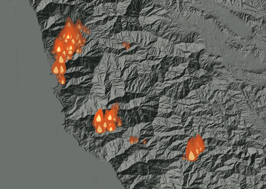 Map for Tue 1 Sep: flames mark every place that gave off heat that day.