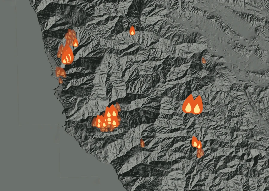 Map for Wed 2 Sep: flames mark every place that gave off heat that day.