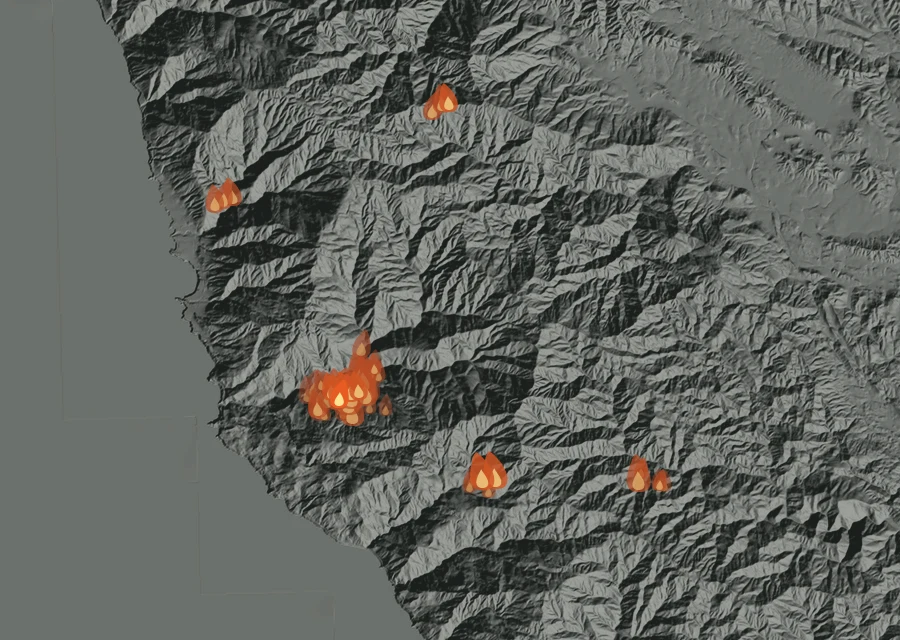 Map for Thu 3 Sep: flames mark every place that gave off heat that day.