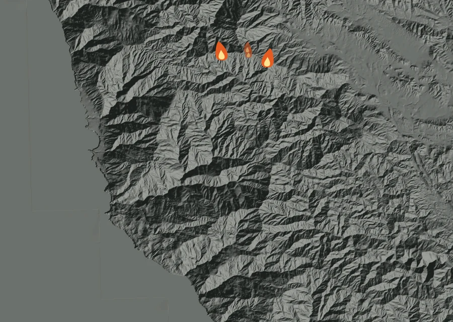 Map for Mon 7 Sep: flames mark every place that gave off heat that day.
