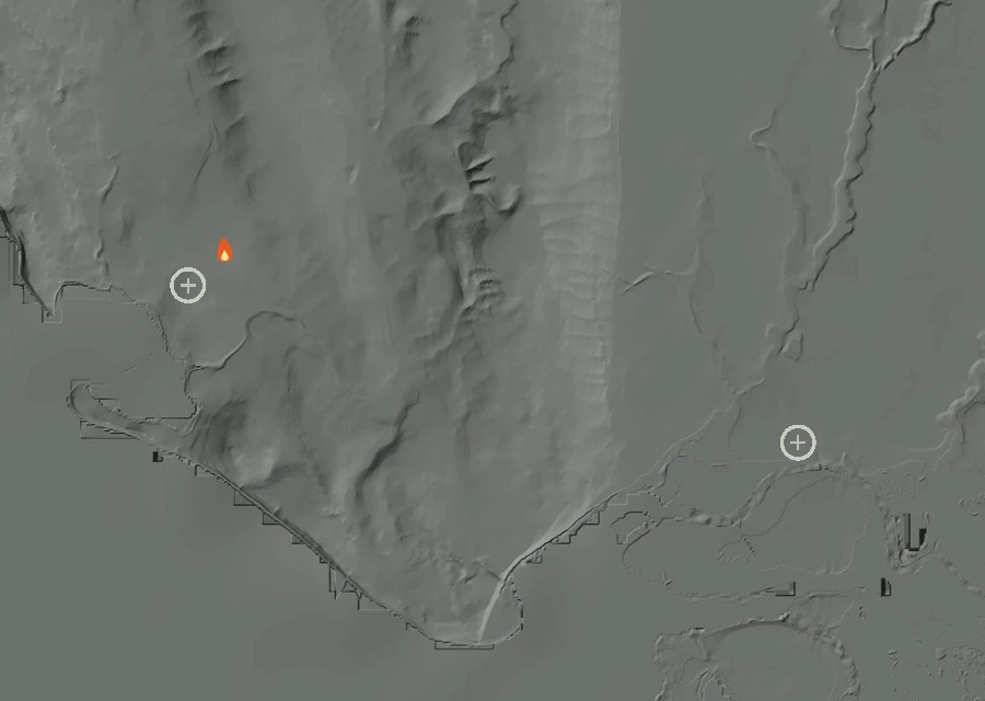Shaded relief map of the Priest Fire. Amber flames mark every place that gave off heat in the last day; the shading is the shape of the ground.