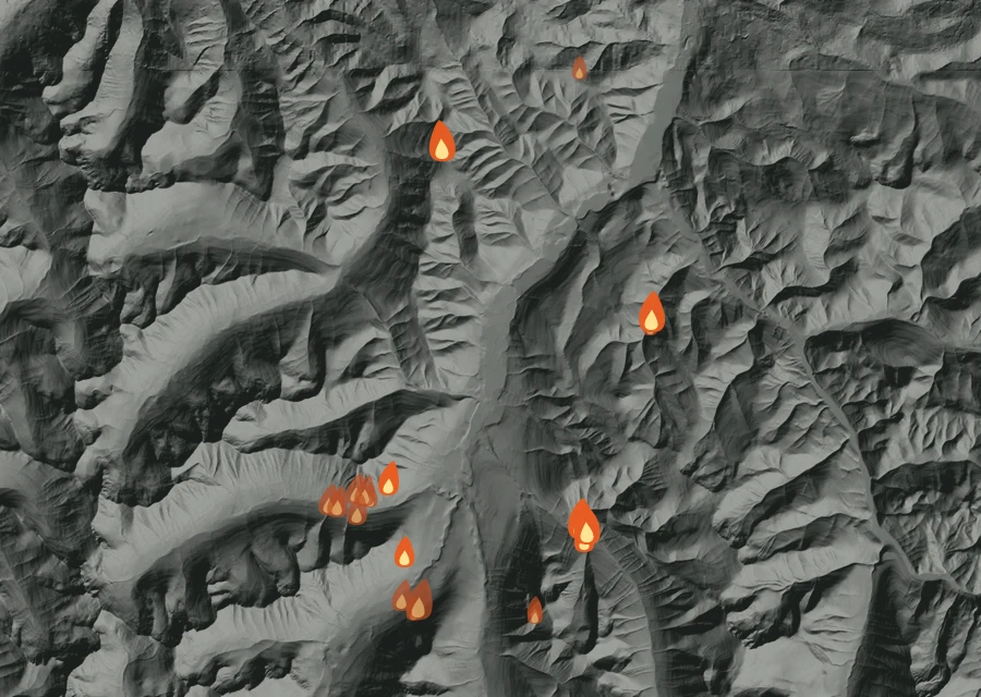 Animated map of the Ptarmigan Fire across the whole record, with a time bar along the bottom showing energy released and the local date.