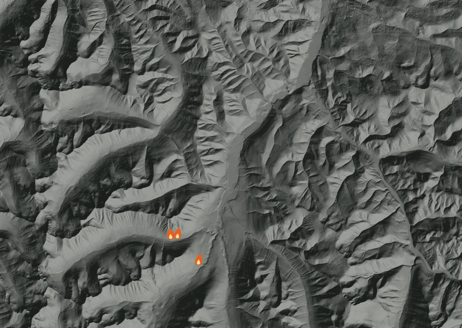 Map for Thu 27 Aug: flames mark every place that gave off heat that day.