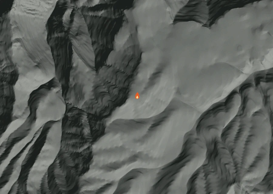 Animated map of the Rand Creek Fire across the whole record, with a time bar along the bottom showing energy released and the local date.