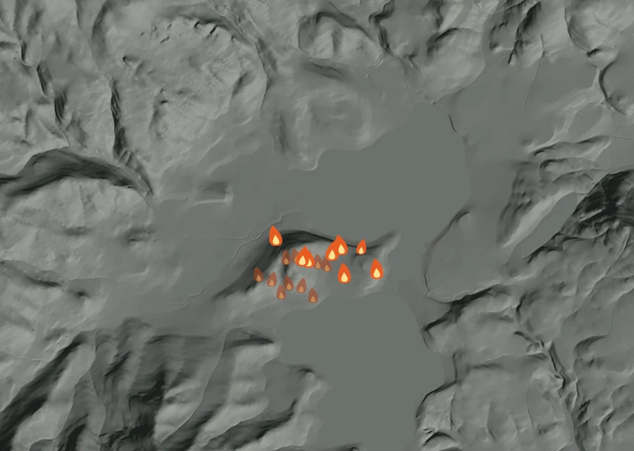 Map for Wed 14 Oct: flames mark every place that gave off heat that day.