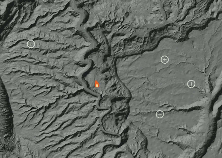 Shaded relief map of the Sewemup Fire. Amber flames mark every place that gave off heat in the last day; the shading is the shape of the ground.