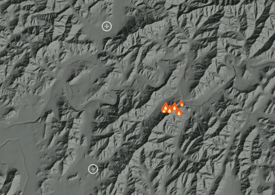 Animated map of the Singing Waters Rd Fire across the whole record, with a time bar along the bottom showing energy released and the local date.