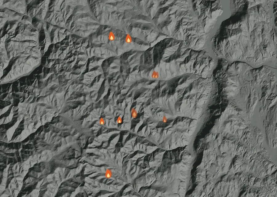 Map for Sun 23 Aug: flames mark every place that gave off heat that day.