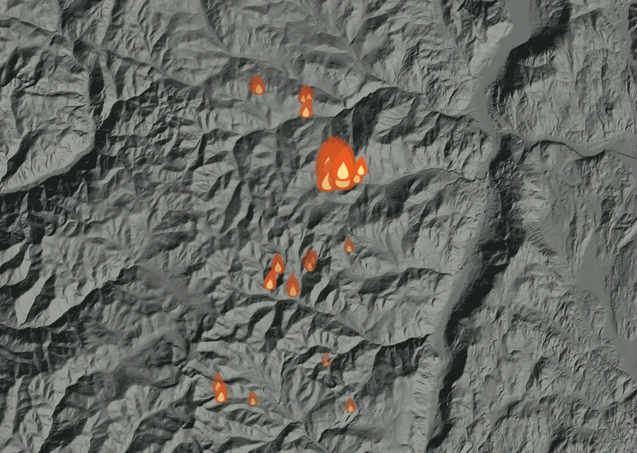 Map for Mon 24 Aug: flames mark every place that gave off heat that day.