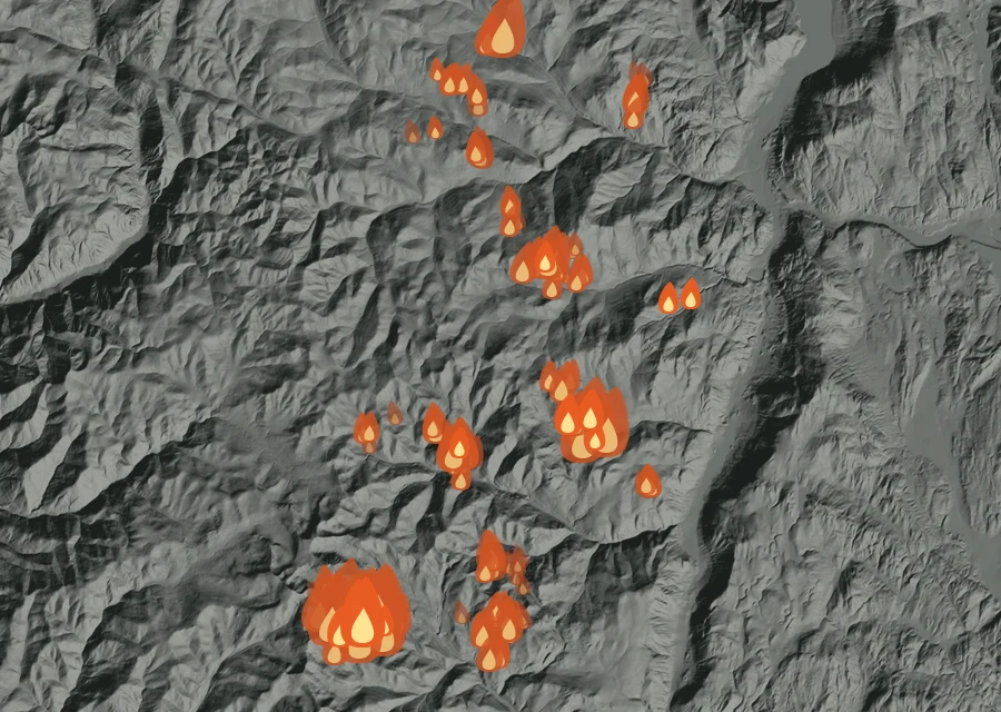 Map for Wed 26 Aug: flames mark every place that gave off heat that day.