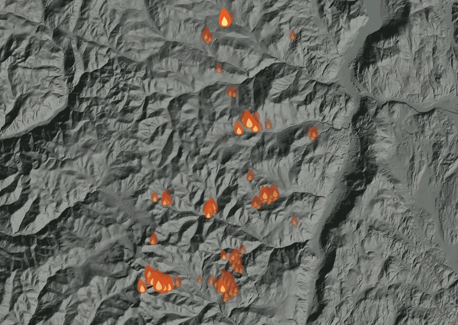 Map for Thu 27 Aug: flames mark every place that gave off heat that day.