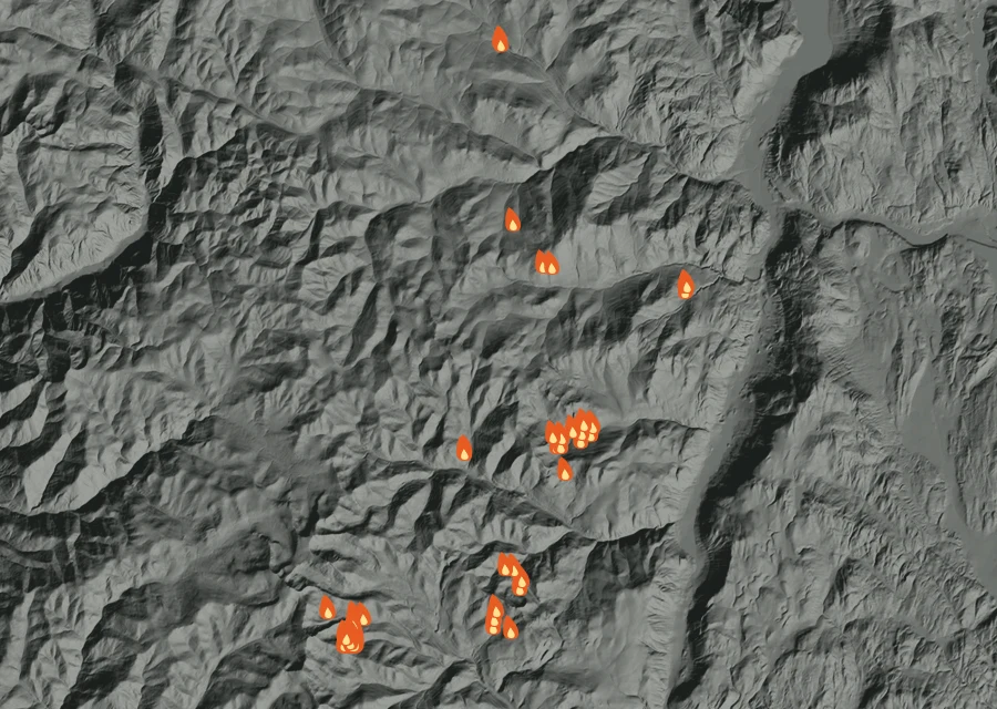 Map for Fri 28 Aug: flames mark every place that gave off heat that day.