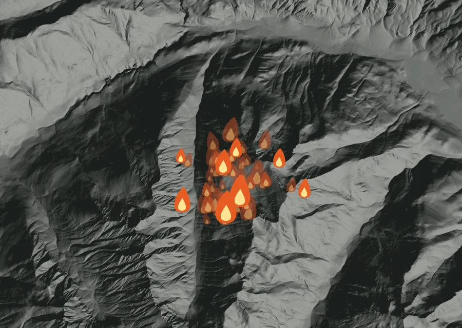 Animated map of the Sisi Fire across the whole record, with a time bar along the bottom showing energy released and the local date.