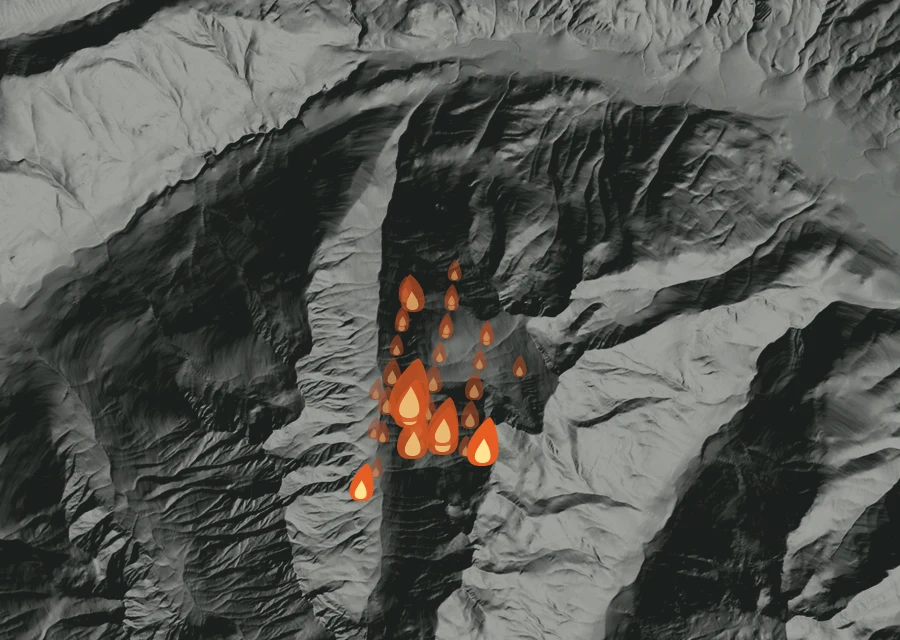 Map for Sun 23 Aug: flames mark every place that gave off heat that day.